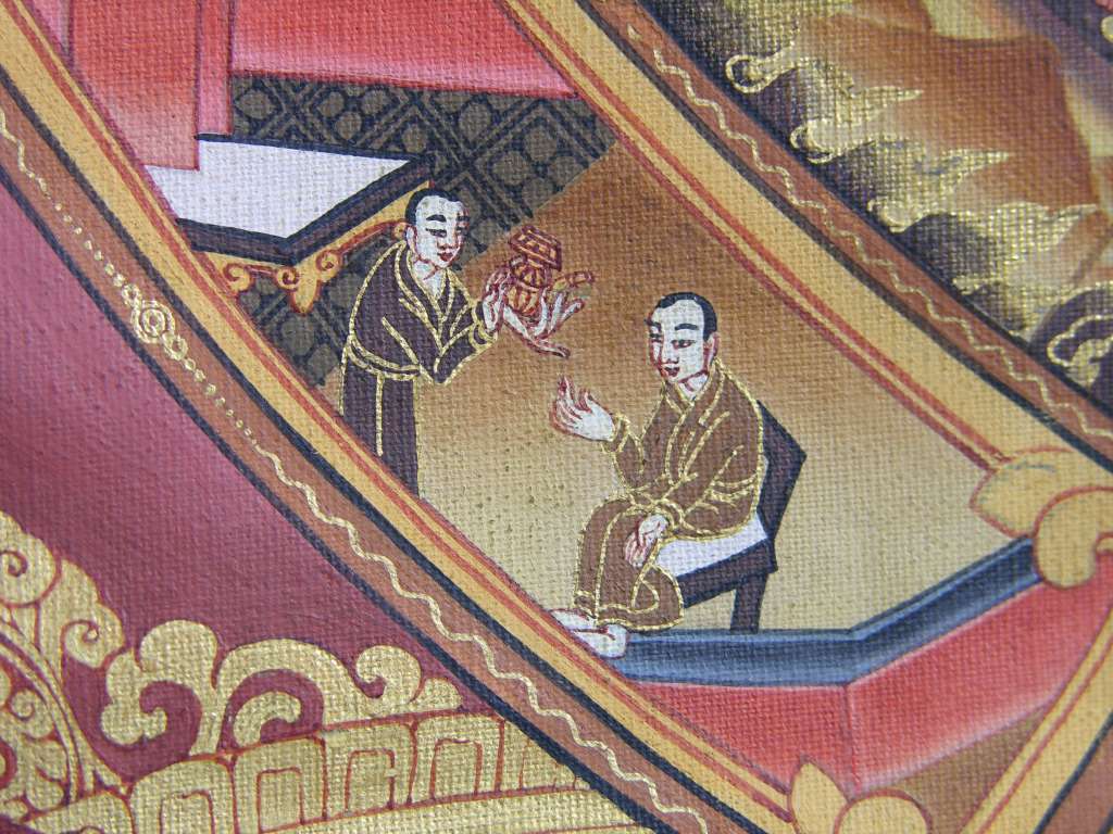 Tibetan Buddhism Wheel Of Life 07 08 Craving - Drinking Beer The eight link is illustrated by a by a woman offering a drink, probably beer, to a seated man. The fact that it is a woman offering a drink to a man may be intended also to bring to the mind the intensity of sexual desire. This image refers to our desire to hold onto pleasure, to separate ourselves from pain, and our desire for neutral feeling not to diminish.